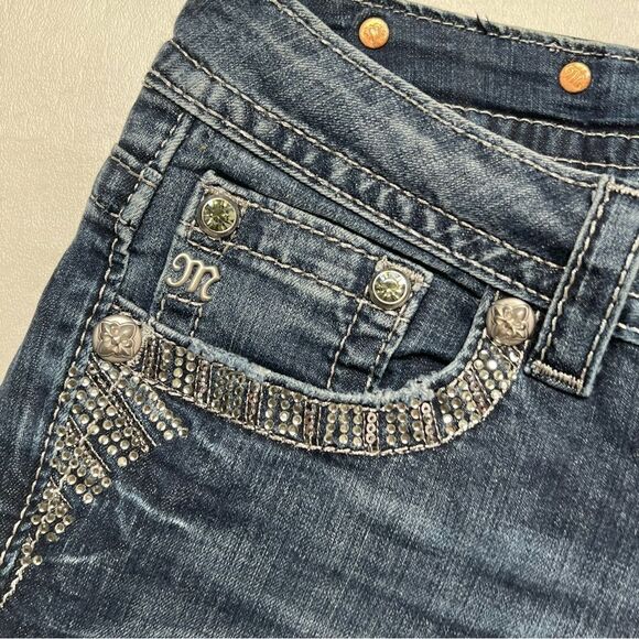 Miss Me | Bedazzled Whispering Effect Factory Distressed Signature Crop Jeans - Picture 3 of 10
